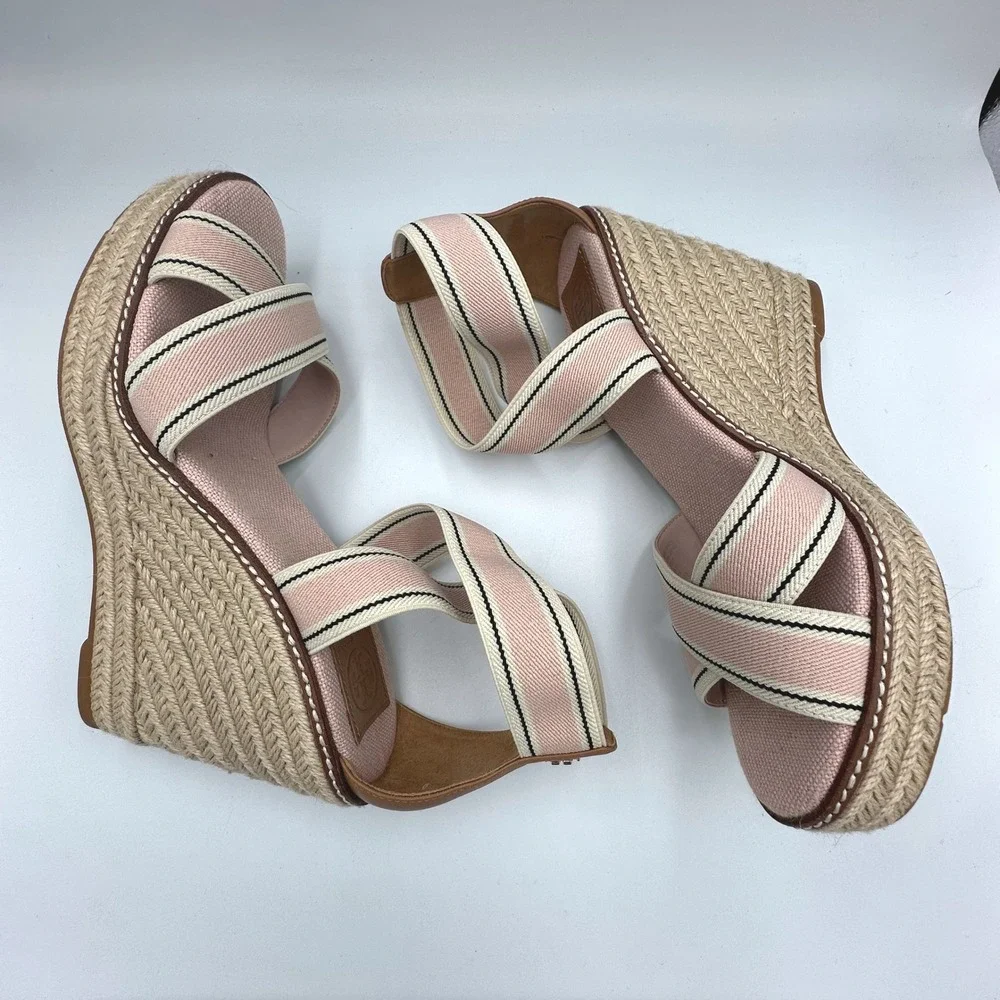 Tory Burch Frieda Espadrille Platform Wedge Sandals Pink Striped Canvas US 10‎
